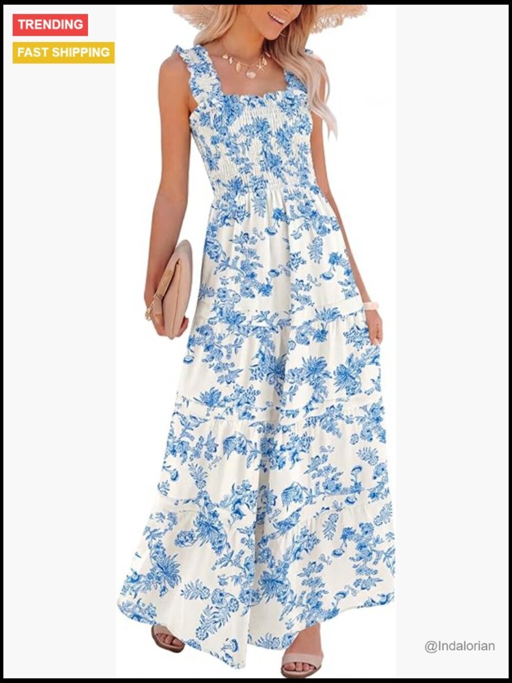 Womens Summer Maxi Dress Floral Smocked Sleeveless Ruffle Boho Casual Flowy